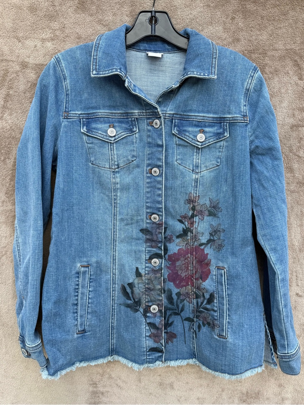 Chico's Blue Denim Jacket with Floral Print